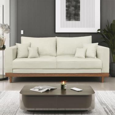 Imagem de Sofá 3 Lugar Base Reforçada Madeira Tecido Suede + Almofada Bege