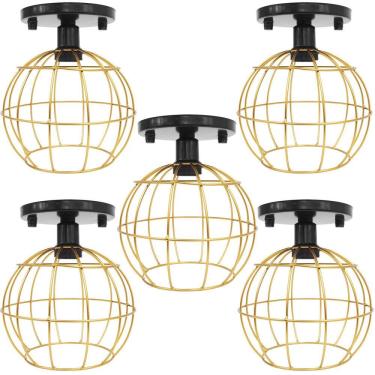 Imagem de 5 Lustres Teto Plafon Industrial Aramado Globo Dourado Retrô Luminária Vintage Preto Agp Ilumini