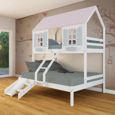 Imagem de Beliche Casal- Solteiro Casinha Bela Com Kit Escada-escorregador - Madeira Maciça Branco-rosa-verde Megamobilia