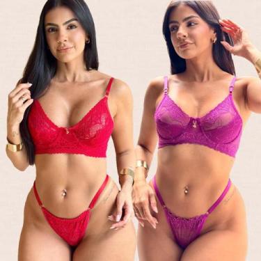 Imagem de Kit 2 Conjuntos Renda Meia Taça Laura Tamanho:GCor:Fucsia Vermelho - L