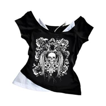 Imagem de Camiseta Feminina Retro Gótica Estampada Com Ombros Descidos, Moda De 