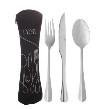 Imagem de Conjunto 3 Talheres Viagem Marmita Com Estojo Portátil Garfo Faca E Colher Em Aço Inox Lyor