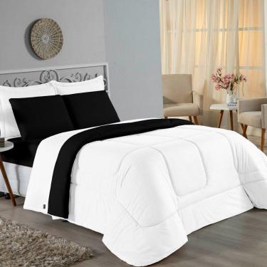 Imagem de Kit Edredom Dupla Face + Jogo De Lençol Solteiro Nobre 5 Peças Malha 100% Algodão - Branco / Preto