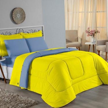 Imagem de Kit Edredom Dupla Face + Jogo De Lençol Casal Nobre 6 Peças Malha 100% Algodão - Amarelo / Azul-bebê