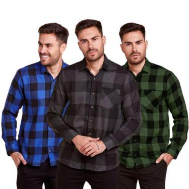Imagem de Kit 3 Camisas Xadrez Masculino Flanelado Manga Longa - Daze Modas, Azu