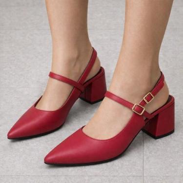 Imagem de Sapato Scarpin Slingback Feminino Salto Bloco Bico Fino Elegante com F