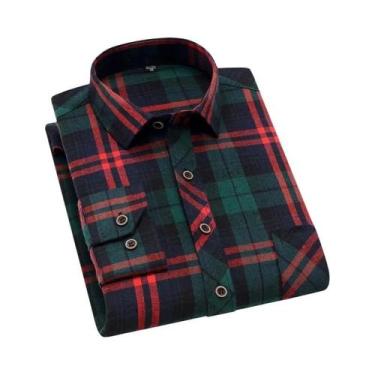 Imagem de Camisa De Flanela De Algodão Xadrez Masculina De Manga Longa, Ajuste R