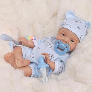 Imagem de Boneco Bebê Reborn 30cm Silicone Sólido Menino Olhos Azuis com Acessór
