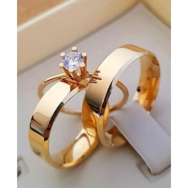 Imagem de Par Aliança Casamento e Noivado Chafrada mas anel Ouro 18 Kilates Pedr