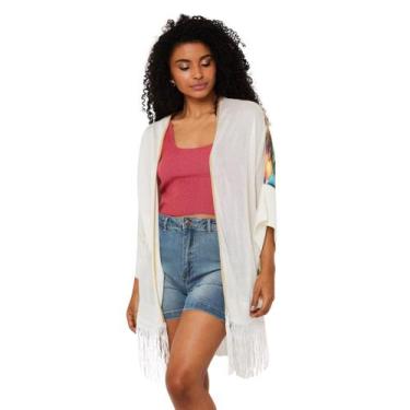 Imagem de Kimono Feminino Tricot com Costas Estampada e Franja Verão Calor Saida