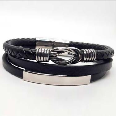 Imagem de Bracelete de Aço Triplo com 21 cm Detalhe em Nó e Placa Rosso - Rosso 