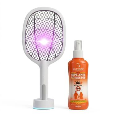 Imagem de Kit Raquete Elétrica com Base Luminosa e Spray Repelente 200ML Dupla Proteção Bio Instinto