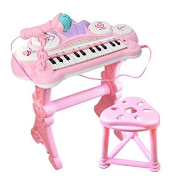 Teclado de brincar infantil com banco/microfone, 37 teclas, rosa
