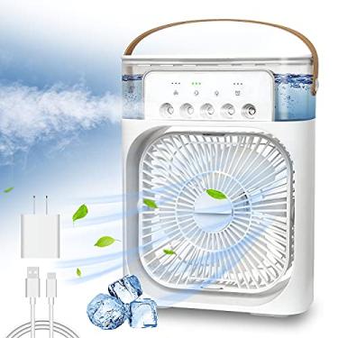 Imagem de Ventilador de ar condicionado portátil NTMY, mini resfriador de ar evaporativo com luz LED de 7 cores, temporizador 1/2/3 H, 3 velocidades de vento e 3 modos de spray para escritório, casa, dormitório, viagem