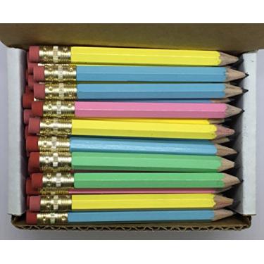 Imagem de Meia lápis com borracha – golfe, sala de aula, estanho, curto, mini – hexagonal, afiado, não tóxico, 2 lápis, cor – sortidos pastéis, (caixa com 48) lápis de bolso para golfe da Express Pencils