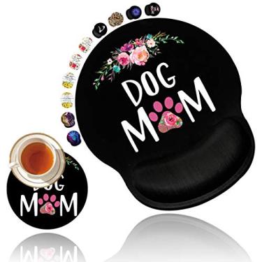 Imagem de Mouse pad ergonômico com suporte de descanso de pulso em gel, base de poliuretano antiderrapante, descanso de pulso para computador, laptop, jogos de escritório em casa, trabalho, fácil digitação e alívio da dor, design floral para mães e cães + porta-copos