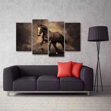 Imagem de Quadro Decorativo Cavalo Preto Sala Quarto Em Tecido 4 Peças