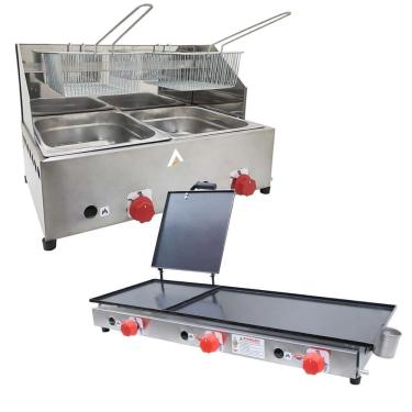 Imagem de Kit Lanchonete Chapa 90cm com Prensa e Fritadeira Profissional 2 Cubas Alcamar