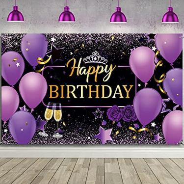 Imagem de Frienda Faixa roxa de aniversário roxa para decoração de feliz aniversário para mulheres, placa de fundo de 180 x 119 cm, decoração de cabine fotográfica para mulheres, artigos de lembrancinha de