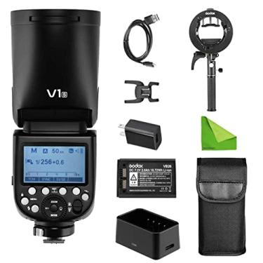 Imagem de Godox V1-S Flash de câmera Flash Godox Speedlite com suporte de suporte Godox S2 fora da câmera Flash de cabeça redonda para câmera DSLR Sony 1/8000 HSS, bateria recarregável de íon de lítio 2600mAh