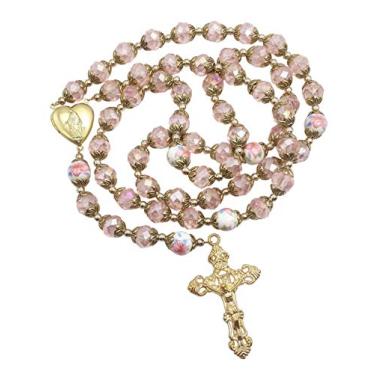 Imagem de Nazareth Store Colar com contas de cristal rosa católico, rosário dourado, com contas, medalha de coração de Santa Maria, medalha e cruz, amuleto religioso para mulheres