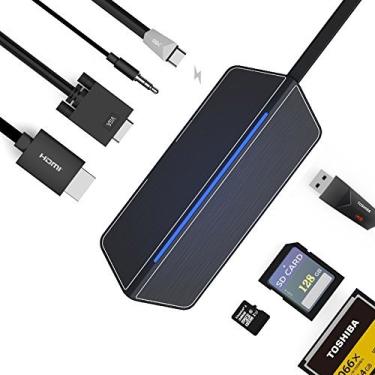 Imagem de Adaptador USB C para HDMI e VGA da PinPle, hub 8 em 1, com porta de carregamento tipo C e porta de áudio de 3,5 mm para fone de ouvido e porta USB 3.0 suporta cartão SD/CF / cartão TF para todos os dispositivos de interface tipo C (preto)