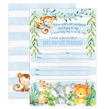Imagem de Convites de chá de bebê Safari para meninos da selva, convites de animais Safari, 20 convites e envelopes, festa de chá de bebê Blue Boy, macaco, leão, elefante, girafa