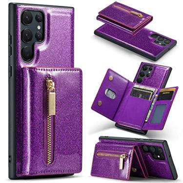 Imagem de Capa de couro para cartões brilhantes para Samsung Galaxy S21 S20 FE S22 S23 Plus Note 20 Ultra Z Fold 4 3 Zipper Wallet Phone Case, Roxo, para Samsung Galaxy Z Fold4