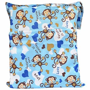 Imagem de Saco Wet Dry Bag para fraldas e fraldas reutilizável com dois bolsos com zíper (macaco azul)