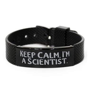 Imagem de SpreadPassion Keep Calm, I'm a Scientist. Bracelete de malha de tubarão preto, pulseira gravada cientista, presentes de amor para cientista