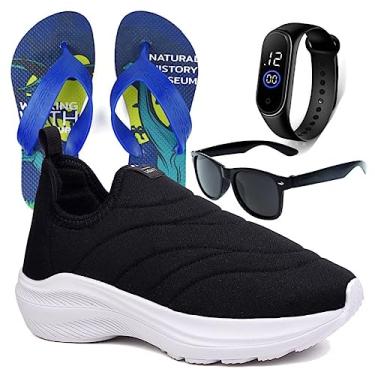 Imagem de Tenis Infantil Meninos Calce Facil Leve Tipo Meia + Chinelo Oculos Relogio Cor:Branco;Tamanho:26