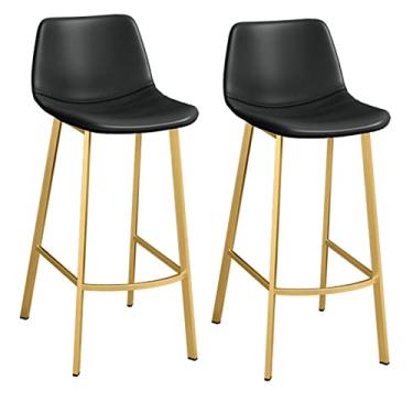 Imagem de Cadeiras de jantar cadeiras de sala de jantar conjunto de 2 bancos de bar de couro PU cadeira de café da manhã com moldura dourada elegante para bar de café da manhã, cozinha e banquetas de bar em casa, tudo está bem