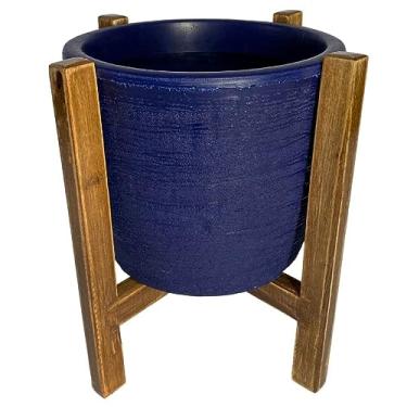 Imagem de Conjunto de Vaso de Planta com Suporte de Madeira Decorativo (Pequeno (20x23), Azul)