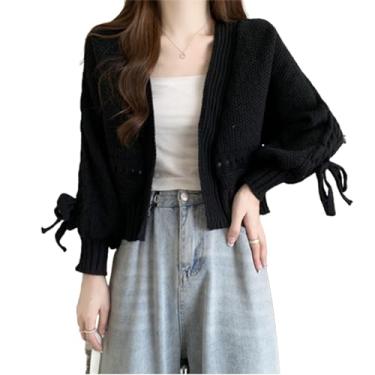 Imagem de Jaqueta de suéter de manga lanterna de cor sólida feminina, cardigã de malha bonito, jaqueta de suéter de malha curta feminina (A,XL)