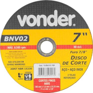 Imagem de Disco de corte 180,0x1,6x22,23 2 telas para aço carbono e inox Bnv02 - Vonder