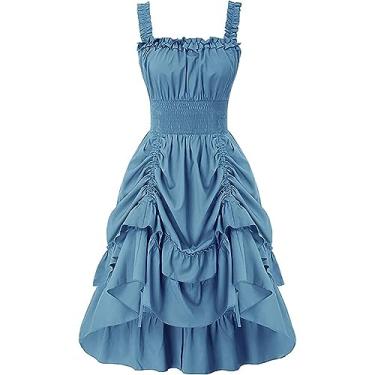Imagem de Vestido gótico feminino cor sólida design alto baixo vestido cottagecore vestidos de manga longa para mulheres casual, Azul claro, PP