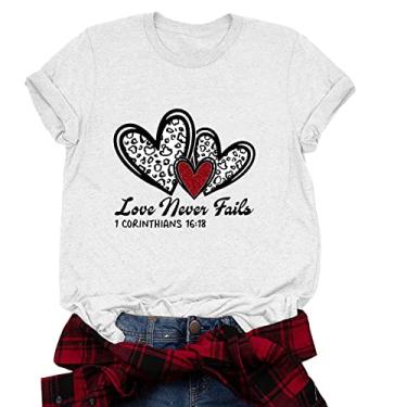 Imagem de Elogoog Camisetas femininas estampadas para o dia dos namorados blusa sexy com contraste de cores casual fofo coração estampado amor blusa manga curta tops, Branco, P