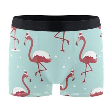 Imagem de KLL Cueca boxer de flamingo de Natal chapéu vermelho respirável cueca boxer masculina roupa íntima masculina cueca boxer, Chapéu vermelho de flamingo de Natal, P