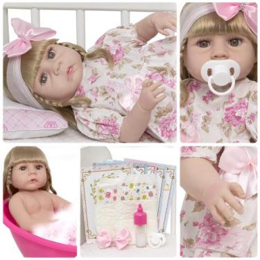 Imagem de Boneca Reborn Bebê Loira Vestido Florido Kit 13 Acessórios - Cegonha R