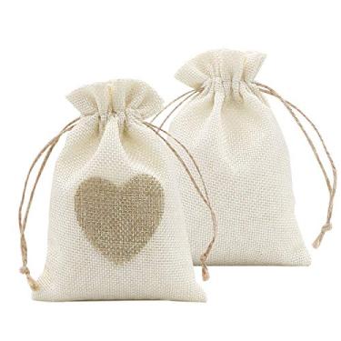 Imagem de SumDirect 36 pçs sacos de estopa de coração de 10 x 15 cm, pequena bolsa de presente de linho com cordão para casamento, festa, Natal, Dia de Ação de Graças e Dia dos Namorados – Bege, Bege, 4x6 Inch