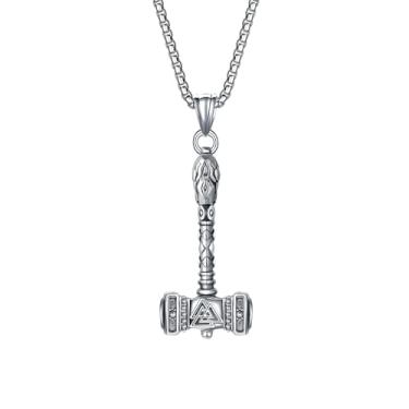 Imagem de Yaumatea Colar Viking Thor's Hammer para homens e mulheres vintage nórdico Mjolnir Hammer Amuleto de proteção poderosa joias presentes de aço inoxidável 61 cm (Thor Hammer Valknut 1, prata), Aço