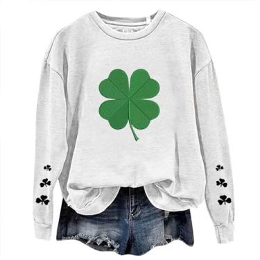 Imagem de Camiseta feminina St Patricks Day manga longa verde Lucky Shamrock camiseta gola redonda, Branco, M