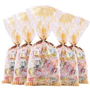 Imagem de 100 peças Eid Mubarak sacos de brindes de plástico transparente para crianças, ouro muçulmano castelo lanterna tema Ramadã impresso sacos de presente sacos de brindes celofane com laços dourados