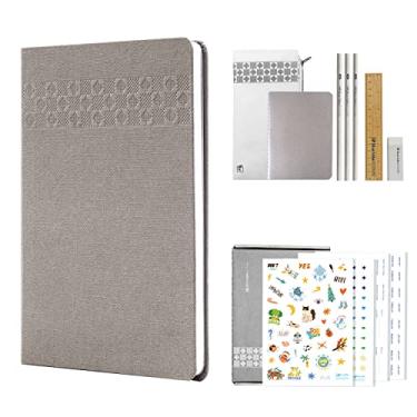 Imagem de Blue Lake ECOLIFE Kit de planejador mensal e semanal sem data, calendário 2023-2024, conjunto de 17 peças, diário de capa dura 15 x 20, caderno de página em branco, adesivos, bolsa de lápis, marcadores, presente ecológico - cinza