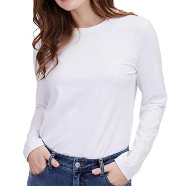 Imagem de ASSUAL Camiseta feminina de manga comprida, gola redonda básica slim fit, camiseta elástica casual leve, #284 Branca, G