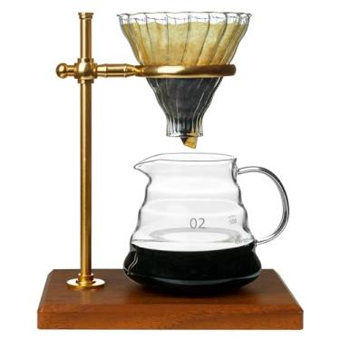 Imagem de Conjunto de cafeteira para coador de café de vidro, kit de suporte para filtro de café para escritório em casa, jarra de café de vidro em cone, suporte de altura ajustável, base de madeira, 20 filtros de papel (junta única)