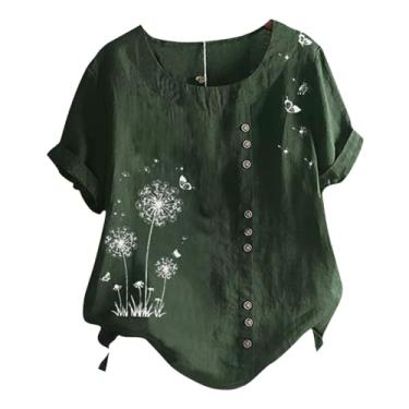 Imagem de Camisetas femininas de algodão e linho manga curta verão soltas gola redonda casual boho blusa estampada vintage, Verde - B, G