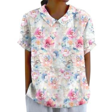 Imagem de Camisetas femininas de verão com estampa floral, casual, gola redonda, manga curta, elegante e moderna, Za, rosa, G