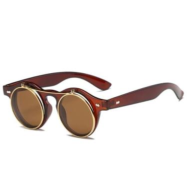Imagem de Moda redonda steampunk flip up óculos de sol masculino feminino vintage camada lente clássico óculos de sol uv400, chá marrom, um tamanho