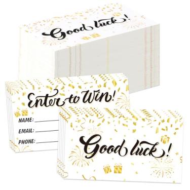 Imagem de 600 cartões de bilhetes de sorteio para ganhar 9,5 x 5 cm, cartões dourados para concursos, leilões, sorteios, urnas com espaço para nome, endereço de e-mail e campos de número de telefone (600)